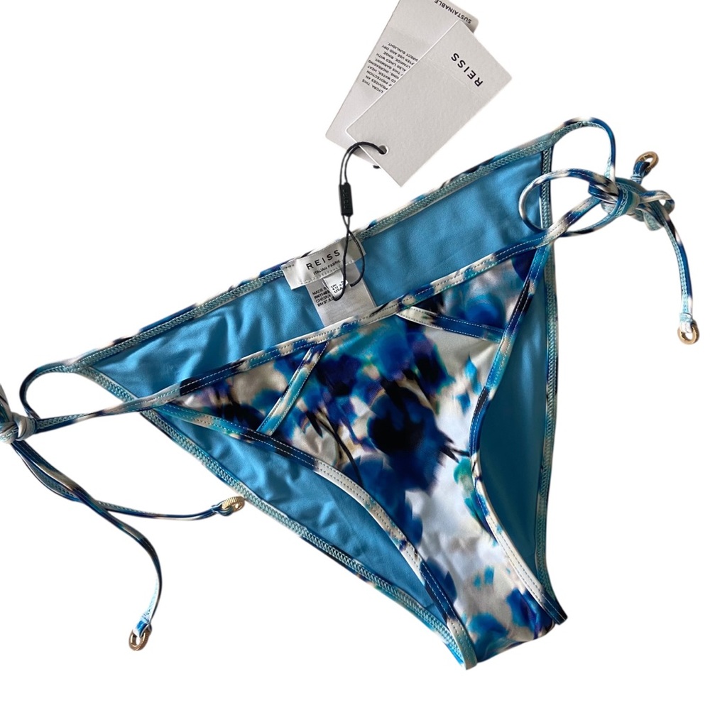 Reiss Cheska Print Side Tie Bikini Swim Bottoms Blue White 2 NWT